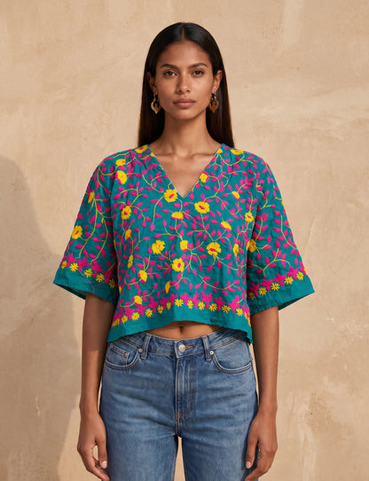 Azmiralda Hand Embroidered Cotton Top| Emerald