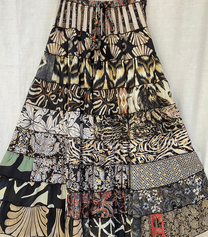 Patchwork Silk Ruffle Skirt| Stripes