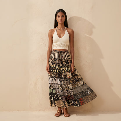 Patchwork Silk Ruffle Skirt| Stripes