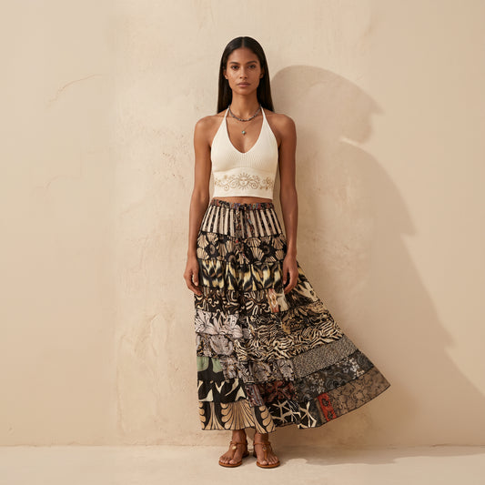 Patchwork Silk Ruffle Skirt| Stripes