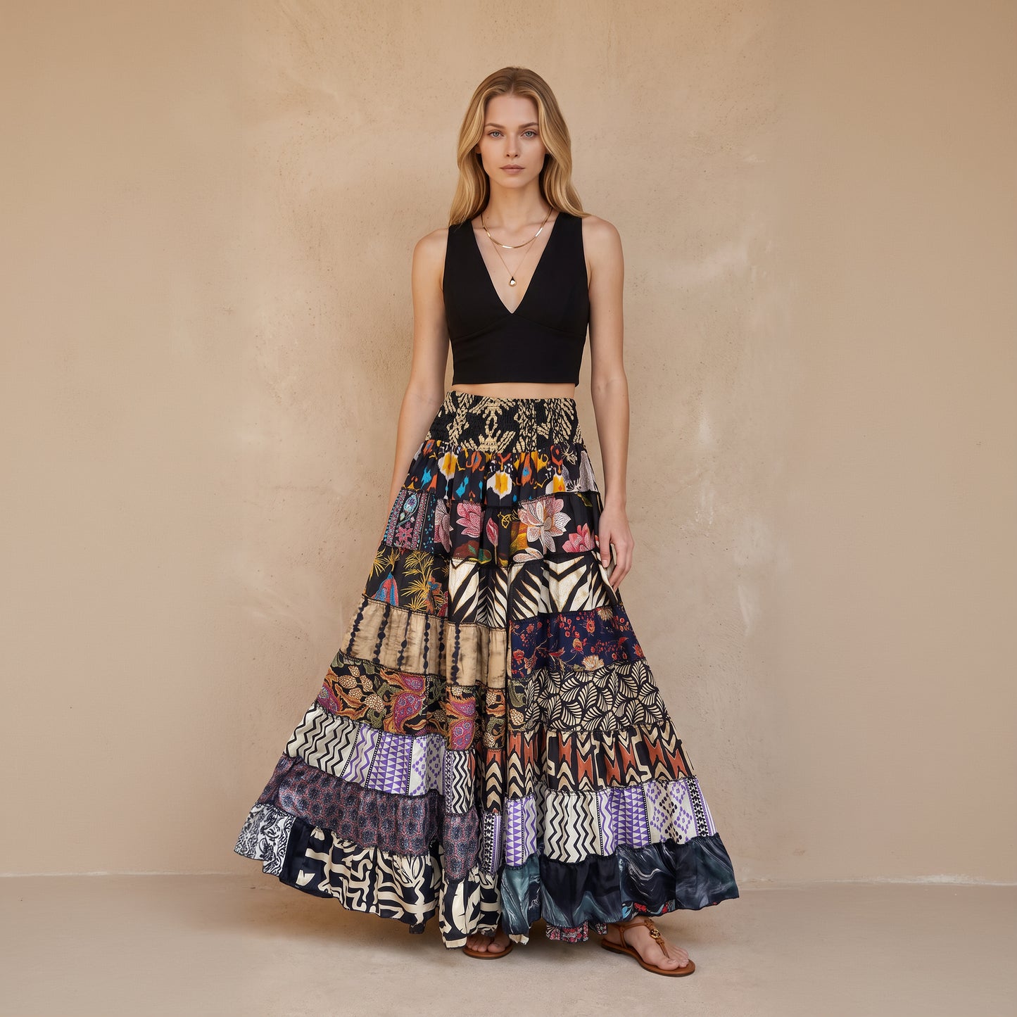 Patchwork Silk Ruffle Skirt| Black Paradise