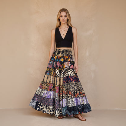 Patchwork Silk Ruffle Skirt| Black Paradise