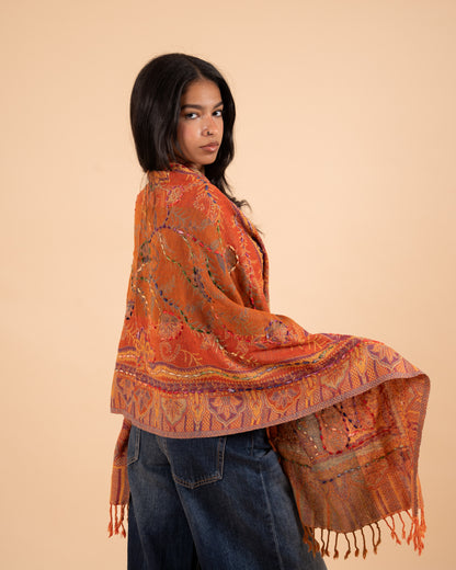 Astarte Woollen Embroidered Scarf: Ember
