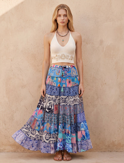 Patchwork Silk Ruffle Skirt| Blue Sky