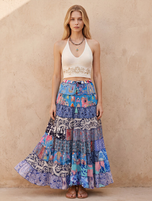 Patchwork Silk Ruffle Skirt| Blue Sky