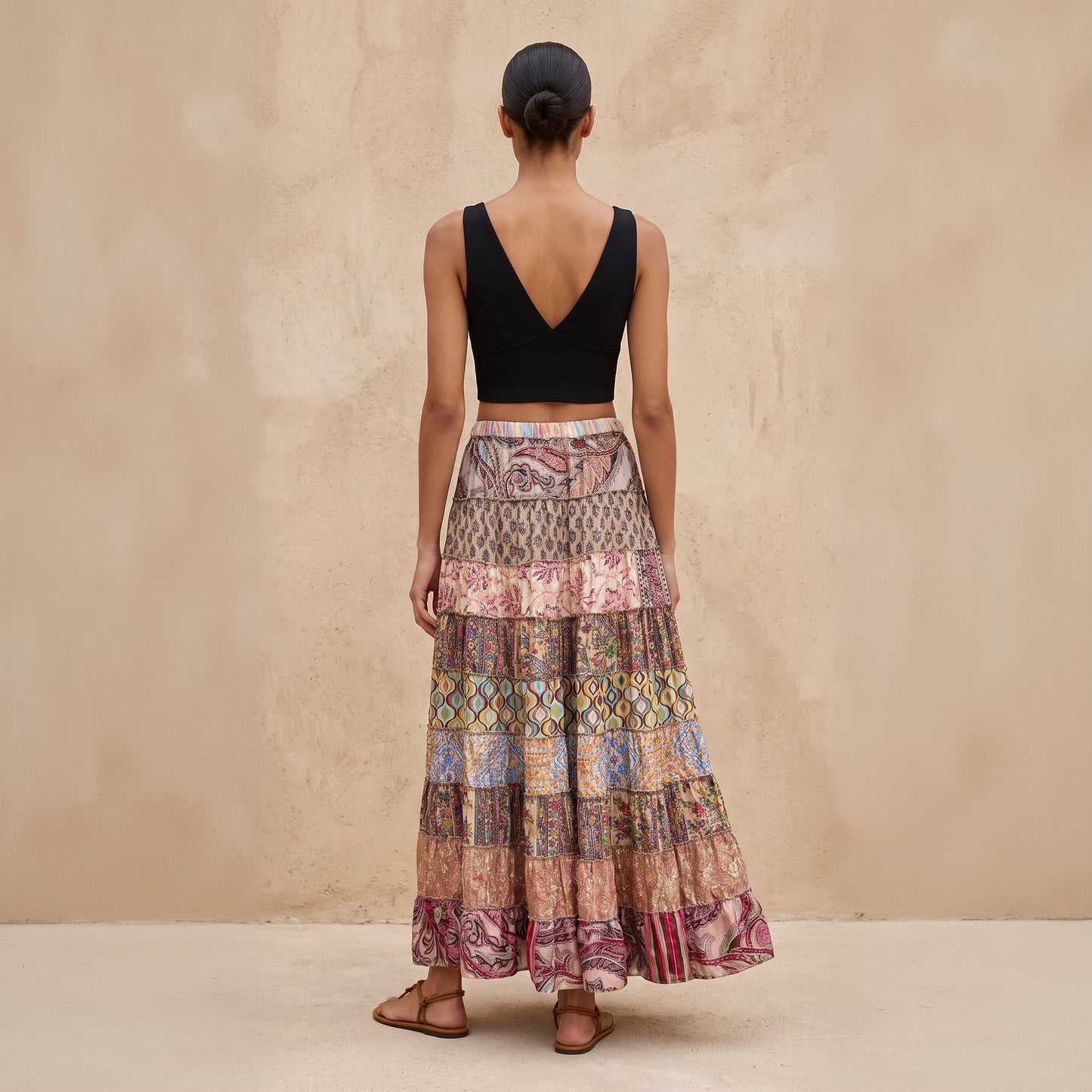 Patchwork Silk Ruffle Skirt| Chocolate