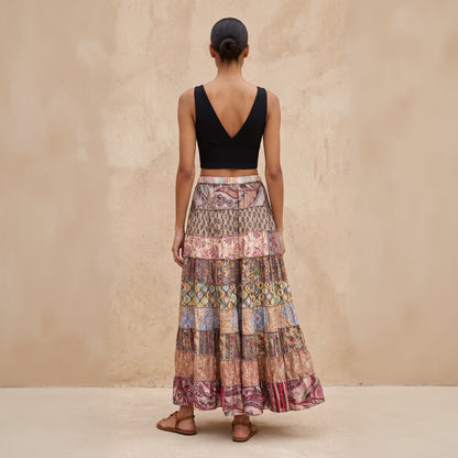 Patchwork Silk Ruffle Skirt| Chocolate