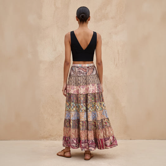 Patchwork Silk Ruffle Skirt| Chocolate