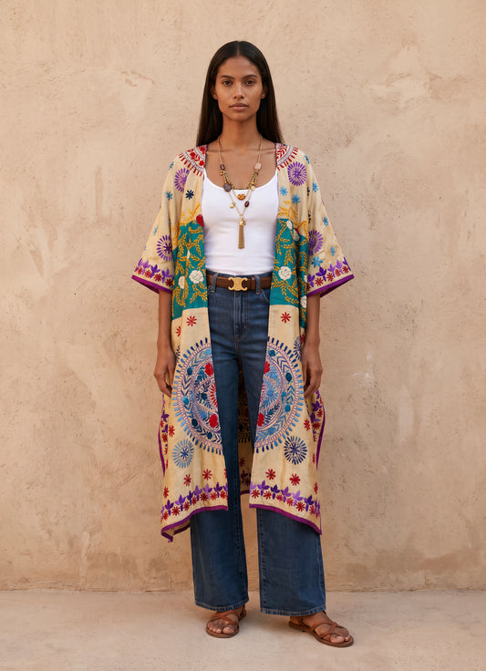 Lakshmi Hand Embroidered Kaftan Kimono| Silk