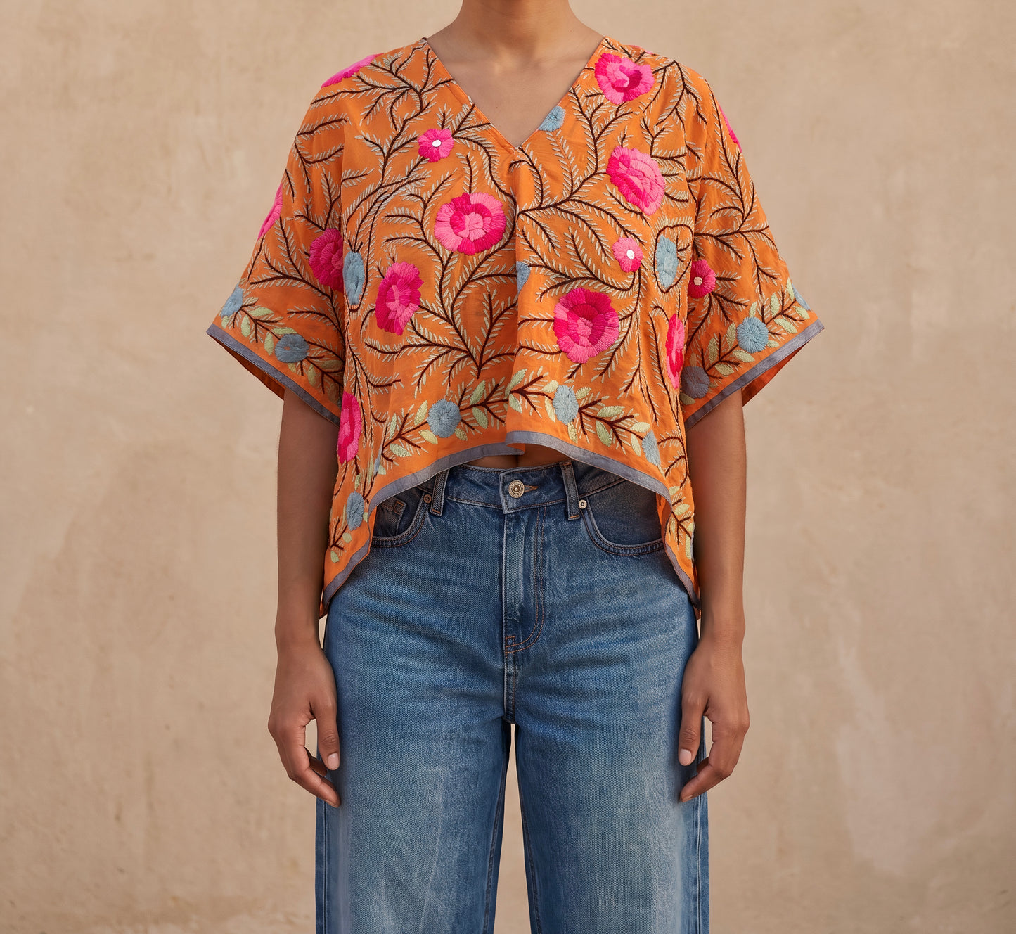 Azmiralda Hand Embroidered Crop Top| Orange