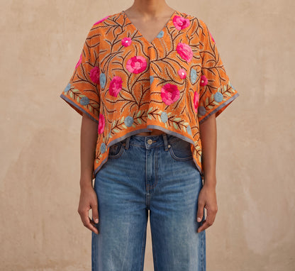 Azmiralda Hand Embroidered Crop Top| Orange