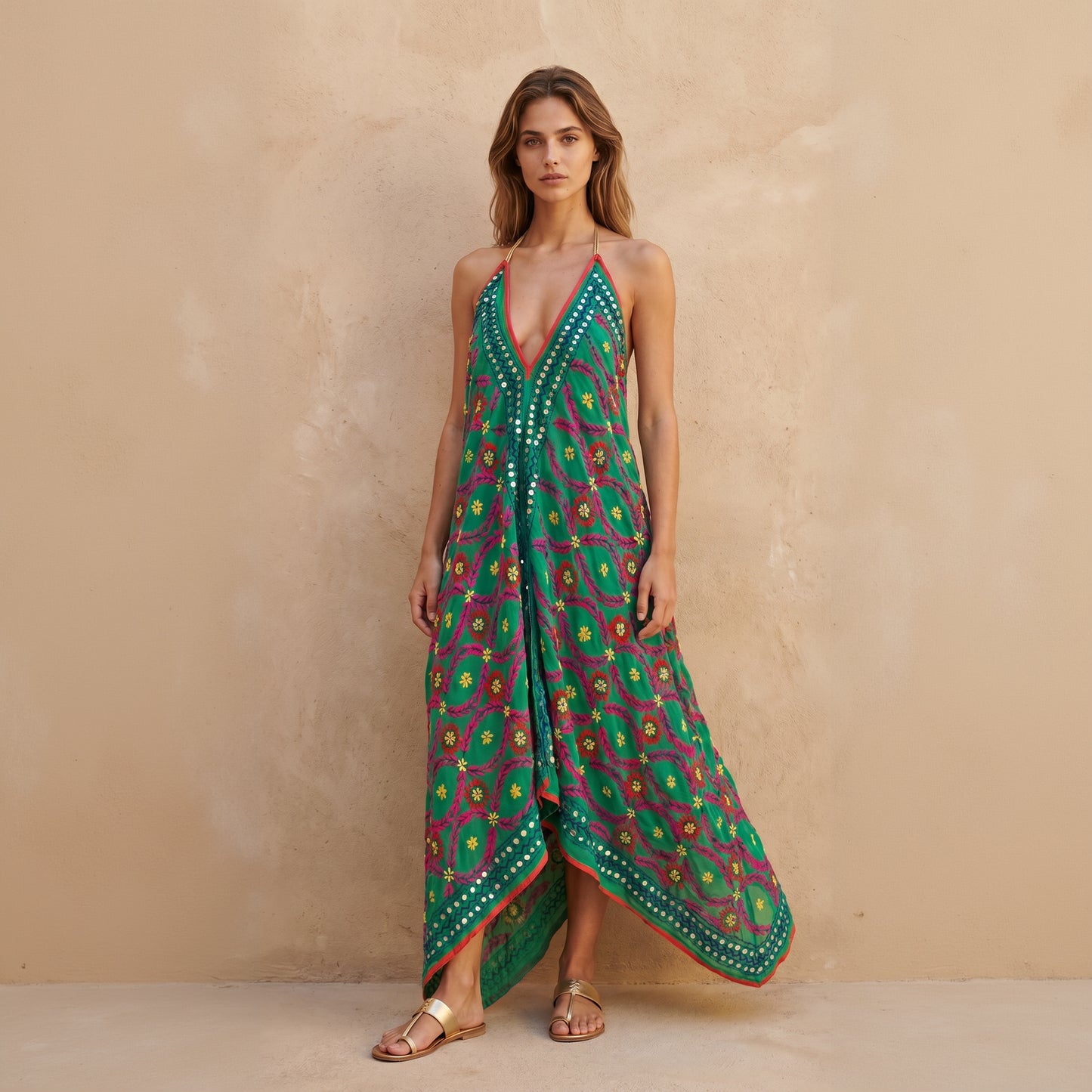 Jana Hand Embroidered Backless Dress