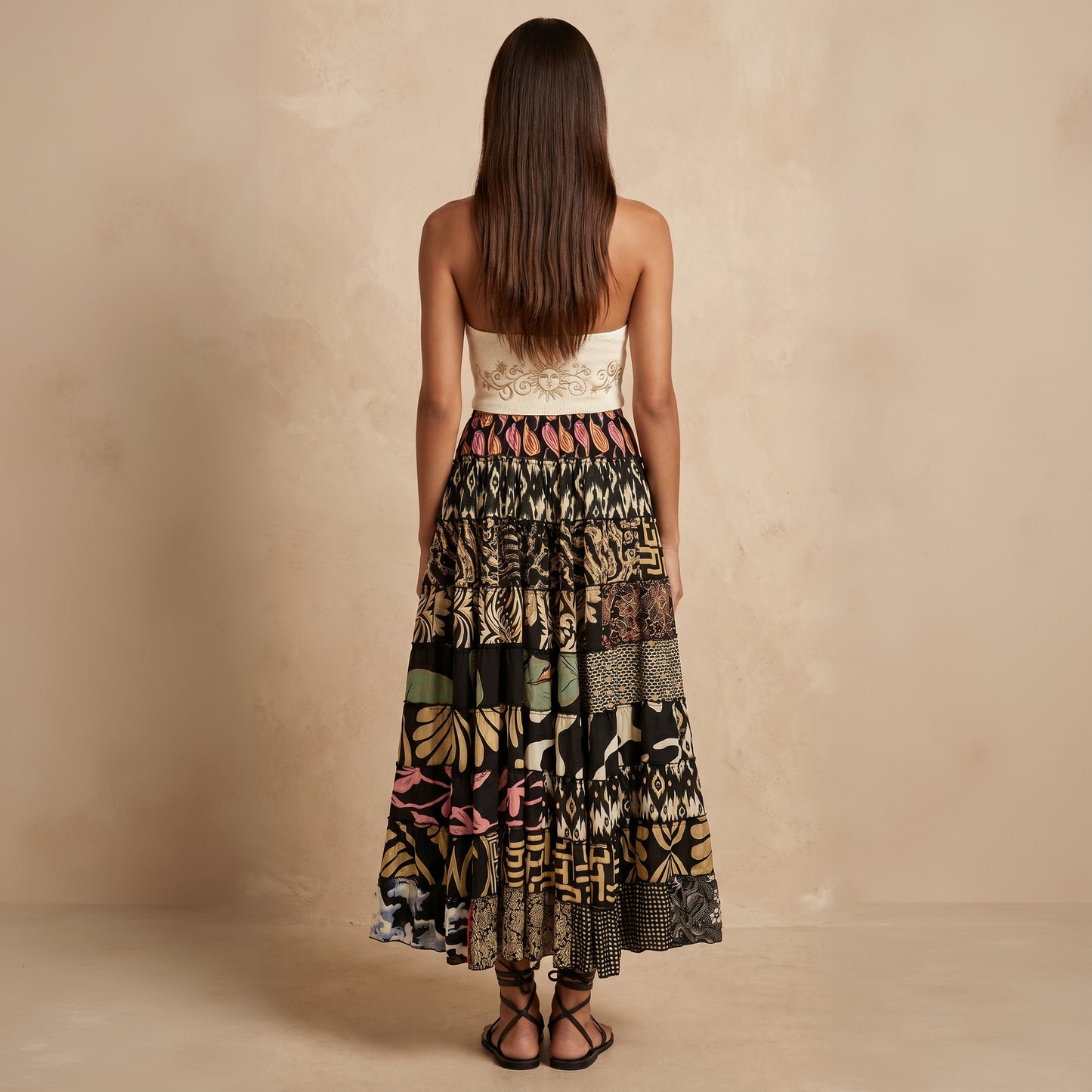 Patchwork Silk Ruffle Skirt| Desert Roses