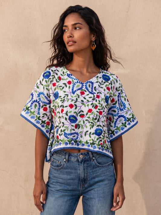 Azmiralda Hand Embroidered Crop Top| Cotton White