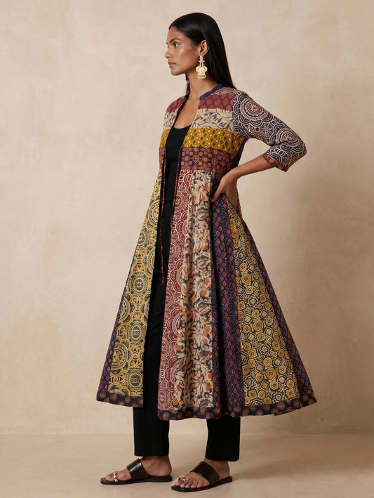 The Patchwork Ajrakh Cotton Duster| Navy Blue