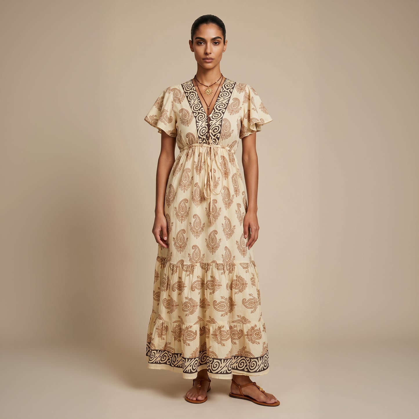 Kaya Block-Print Cotton Dress| Beige