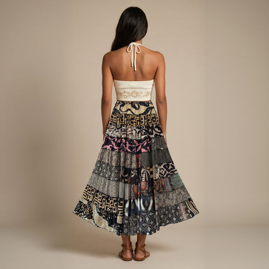 Patchwork Silk Ruffle Skirt| Eclipse