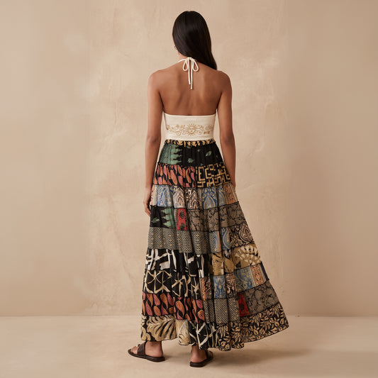 Patchwork Silk Ruffle Skirt| Pine Tree