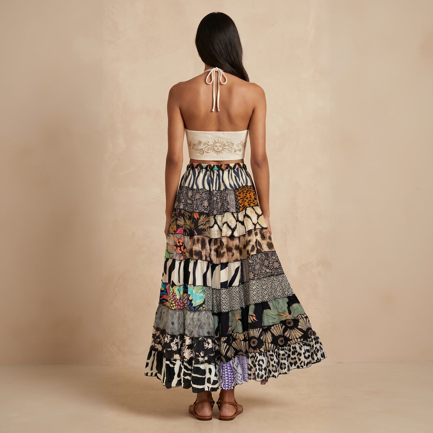 Patchwork Silk Ruffle Skirt| Zepra
