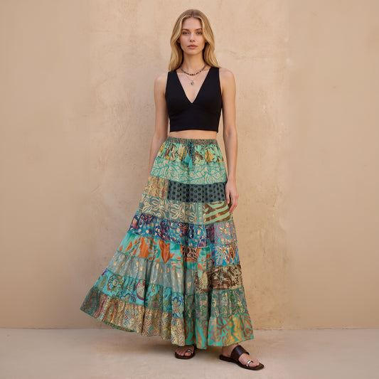 Patchwork Silk Ruffle Skirt| Seaweed