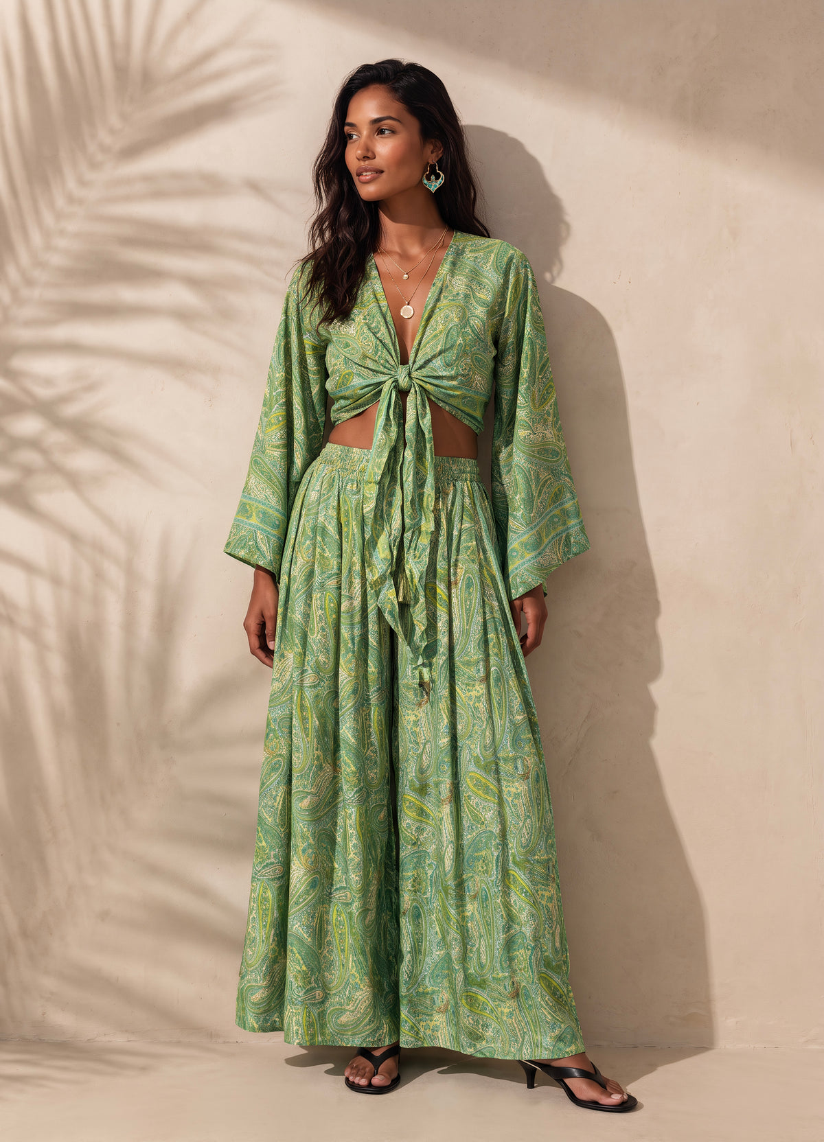 Kira Silk Cropped Top & Palazzo| Tropical Green