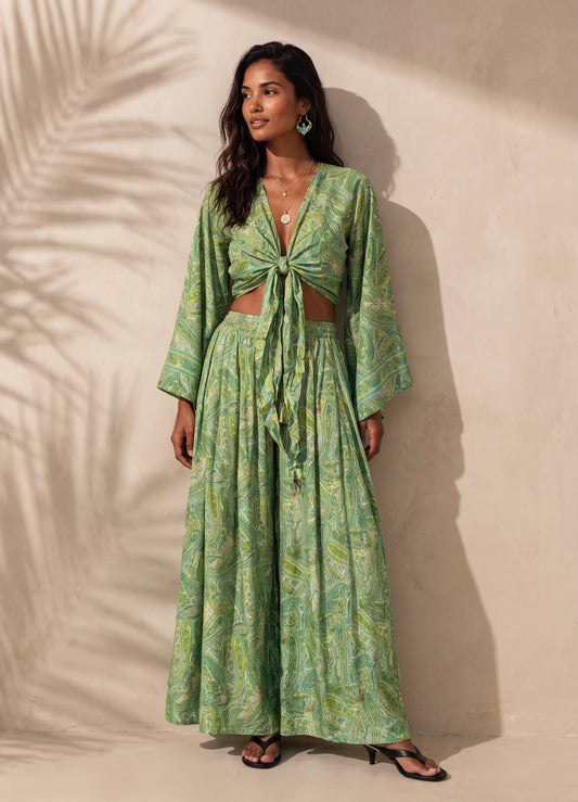 Kira Silk Cropped Top & Palazzo| Tropical Green