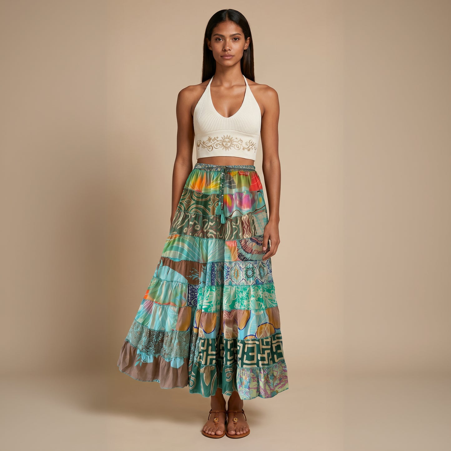 Patchwork Silk Skirt Tropical
