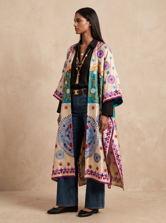 Lakshmi Hand Embroidered Kaftan Kimono| Silk