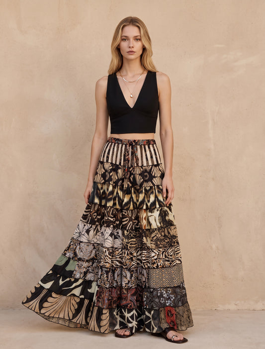 Patchwork Silk Ruffle Skirt| Stripes