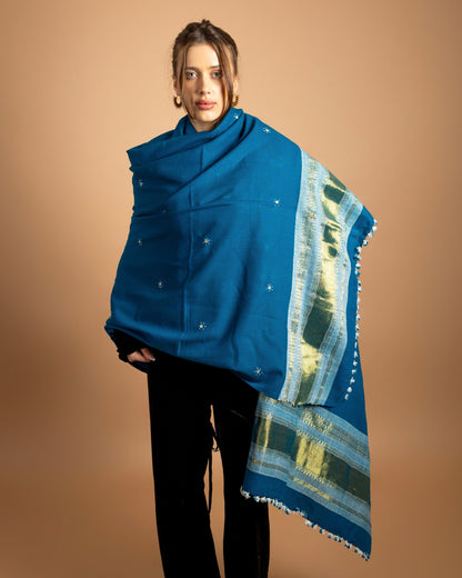 The Desert Shimmer Hand Loom Shawl| Turquoise