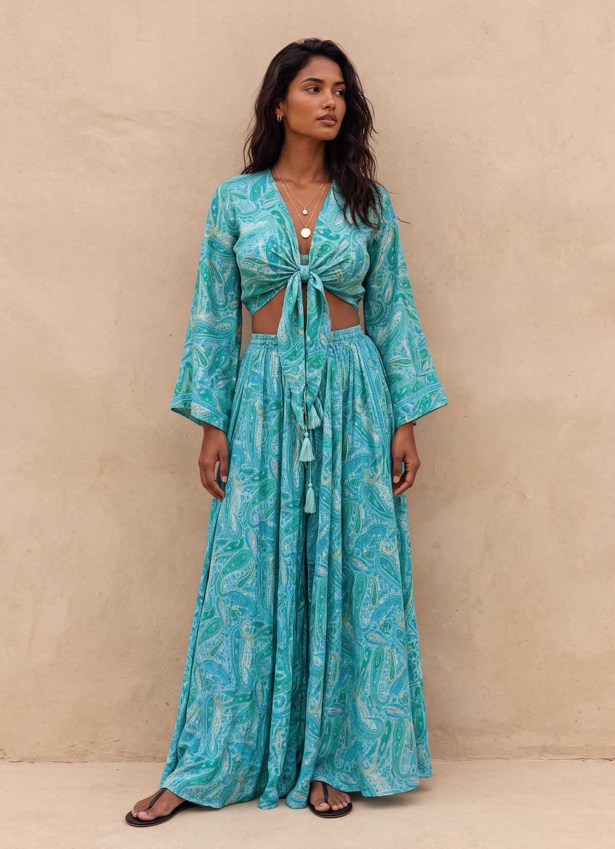 Kira Silk Cropped Top & Palazzo| Turquoise