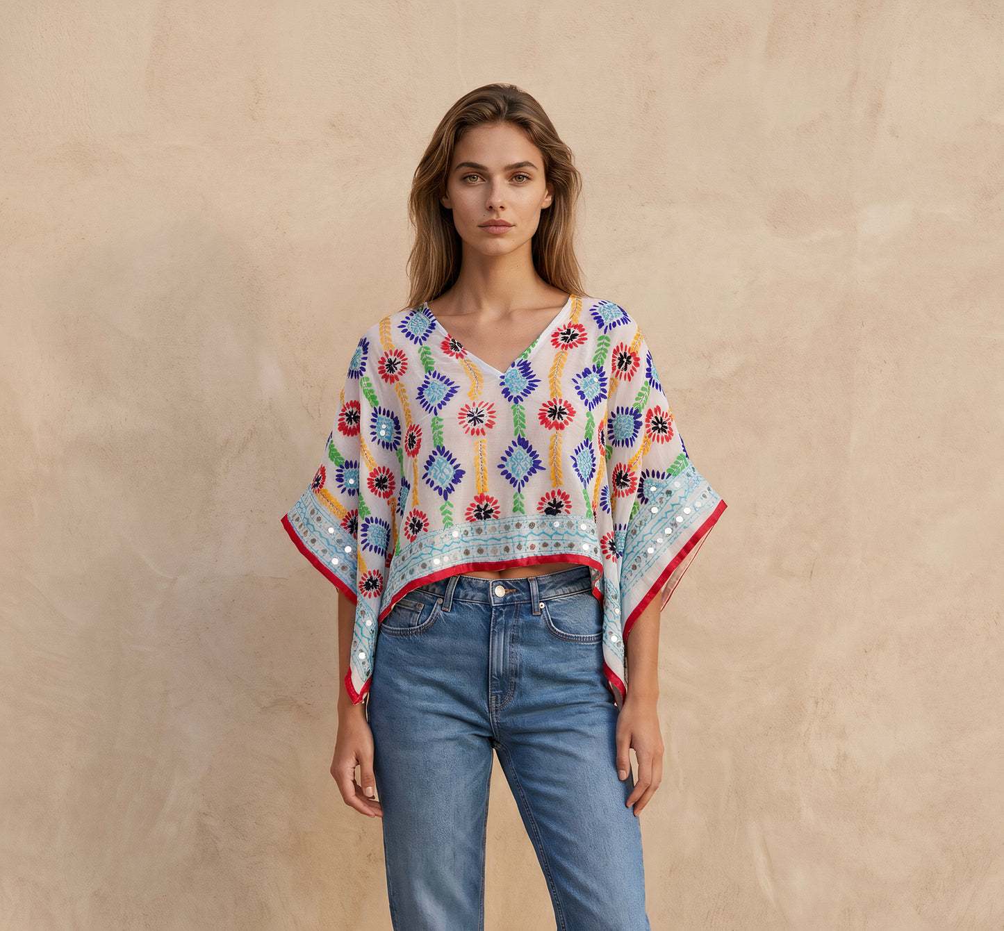 Azmiralda Hand Embroidered Top| Sky White