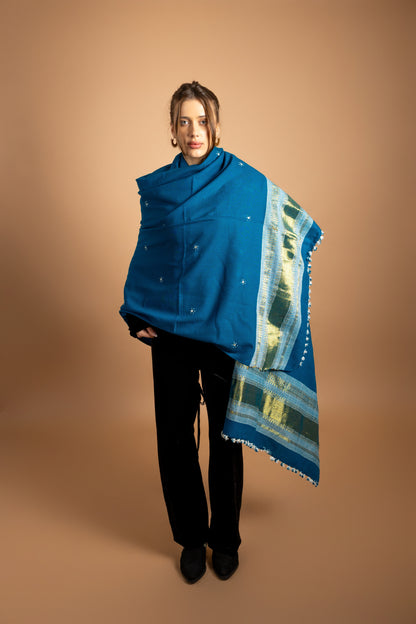The Desert Shimmer Hand Loom Shawl| Turquoise