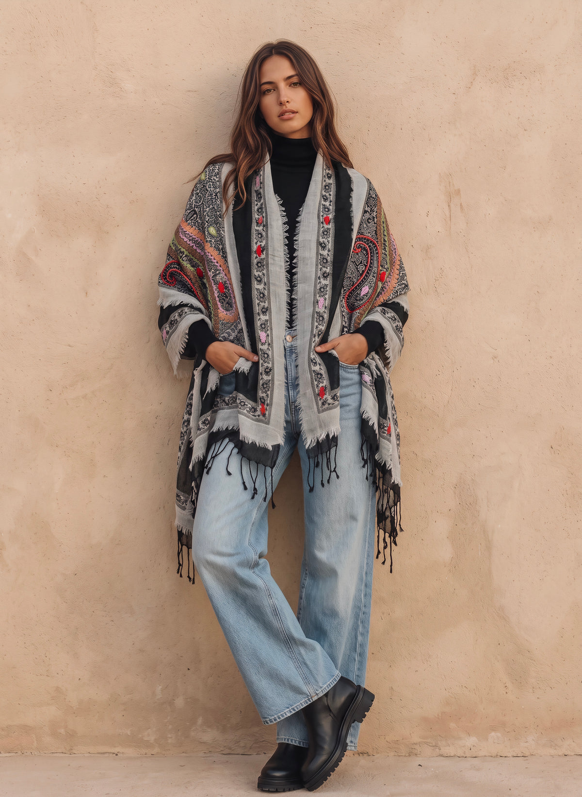 Tanvi Artisan 3 Layers Wool Scarf| Black