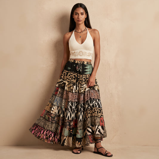 Patchwork Silk Ruffle Skirt| Pine Tree
