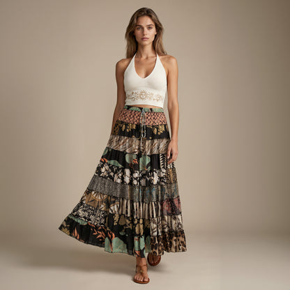 Patchwork Silk Skirt Obsidian Earth