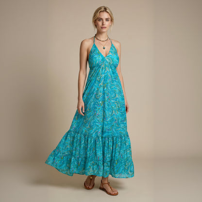 Maya Silk Backless Dress Turquoise