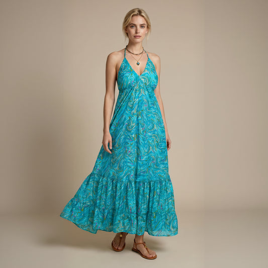 Maya Silk Backless Dress Turquoise
