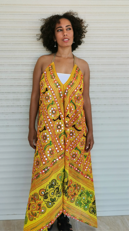 Kishori Mirror Embroidered Backless Dress in Yellow