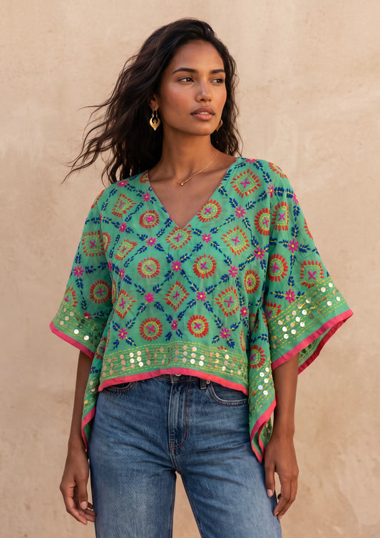 Azmiralda Hand Embroidered Top| Mint