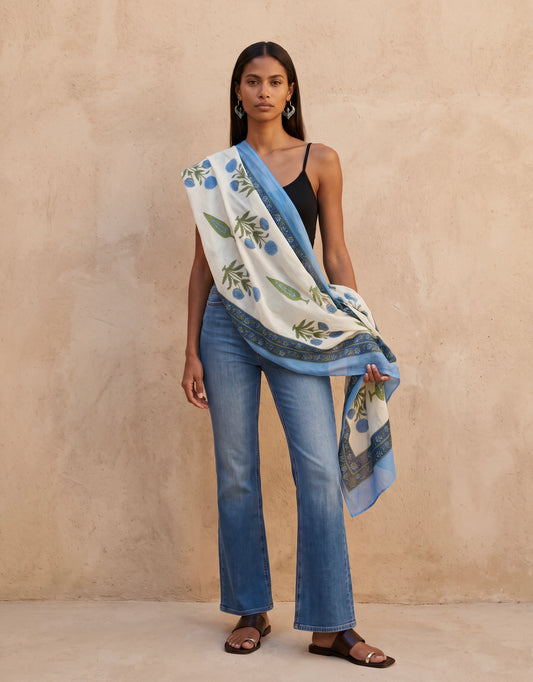 Ocean Floral Block Print Cotton Scarf & Wrap