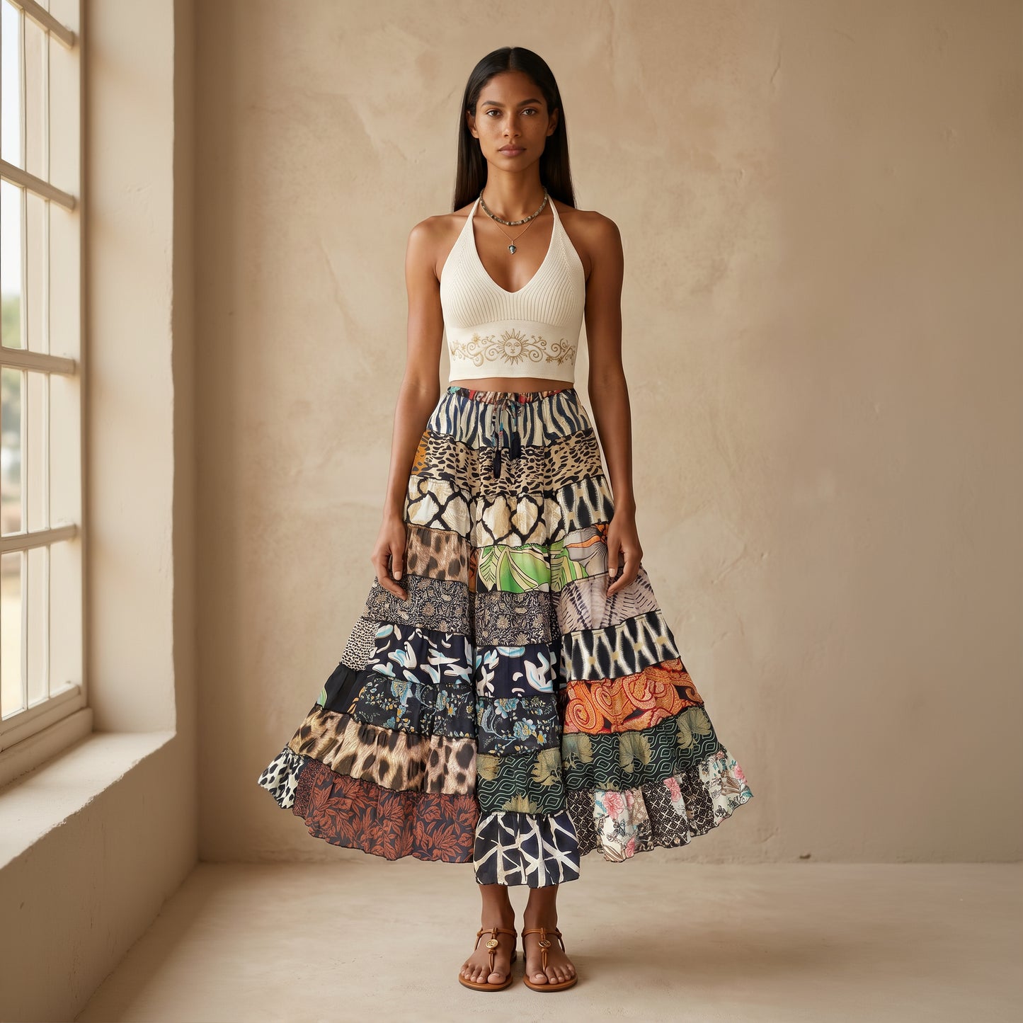 Patchwork Silk Ruffle Skirt| Zepra