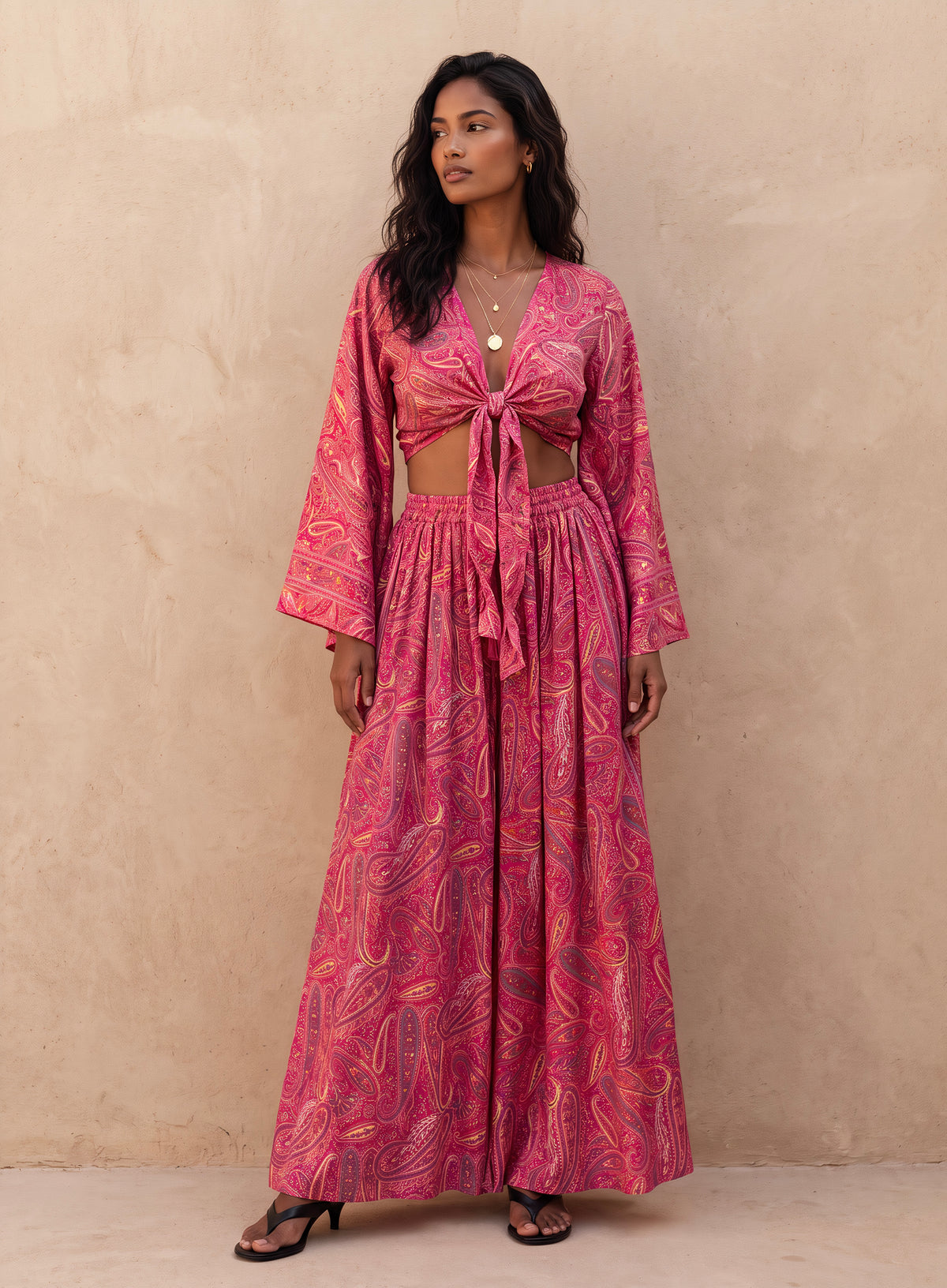 Kira Silk Cropped TOP & palazzo Set| Fuchsia
