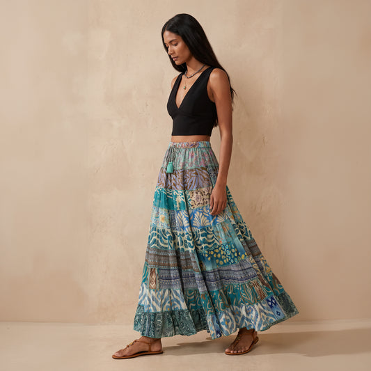 Patchwork Silk Ruffle Skirt| Sea