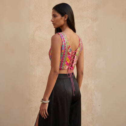 The Maya Embroidered Silk Bustier| Fuchsia