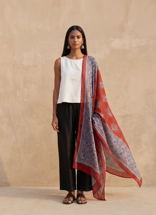 Arya Ajrakh Block Print Cotton Scarf| Maroon