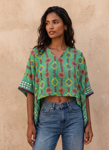 Azmiralda Hand Embroidered Top| Mint Green
