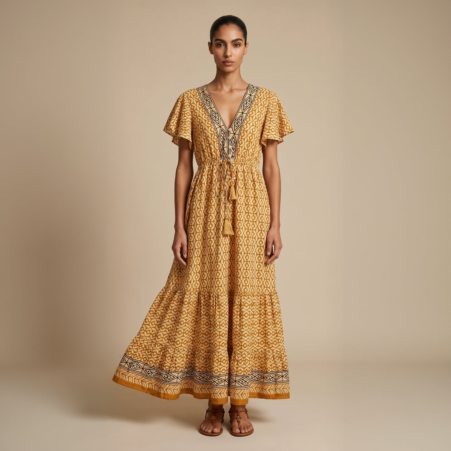 Kaya Block-Print Cotton Dress| Caramel