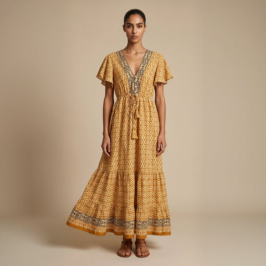 Kaya Block-Print Cotton Dress| Caramel