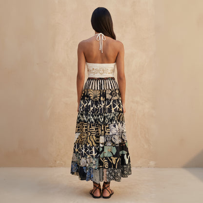 Patchwork Silk Ruffle Skirt| Stripes